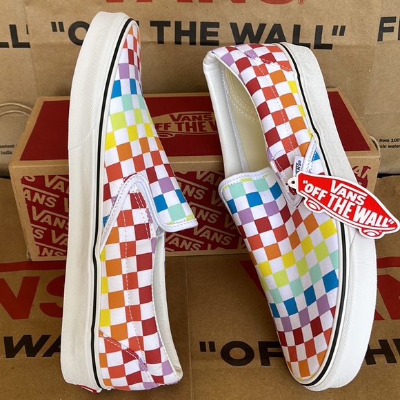 Vans Classic Slip On Checkerboard Rainbow/True White sneakers WMNS - Picture 12 of 16